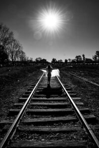 black and white urban railroad scene in buenos aires