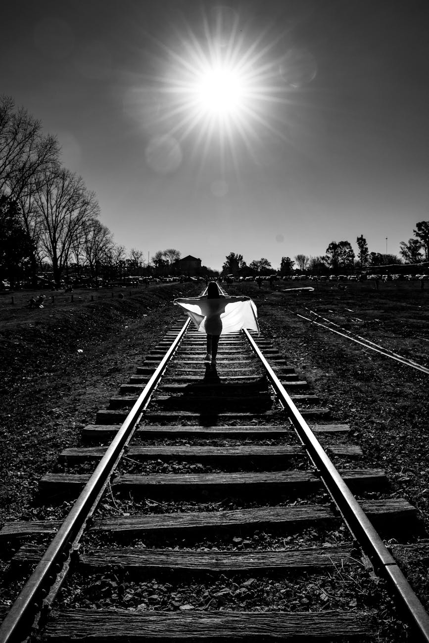 black and white urban railroad scene in buenos aires