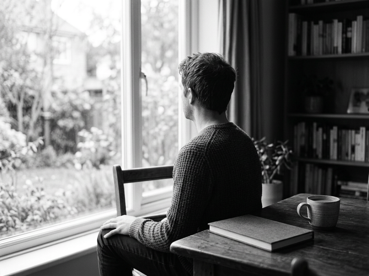 Person sitting by a window beside books and a cup of coffee